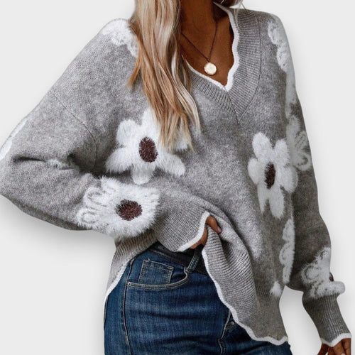 Aline | Elegant Jumper with V-Neck and Floral Pattern